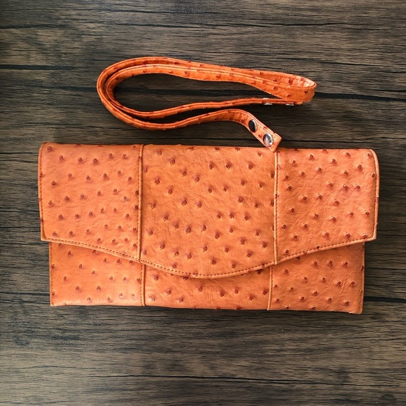 Vintage 80s Lee Sands Ostrich Clutch Convertible Handbag Shoulder Bag Tangerine - Picture 1 of 9